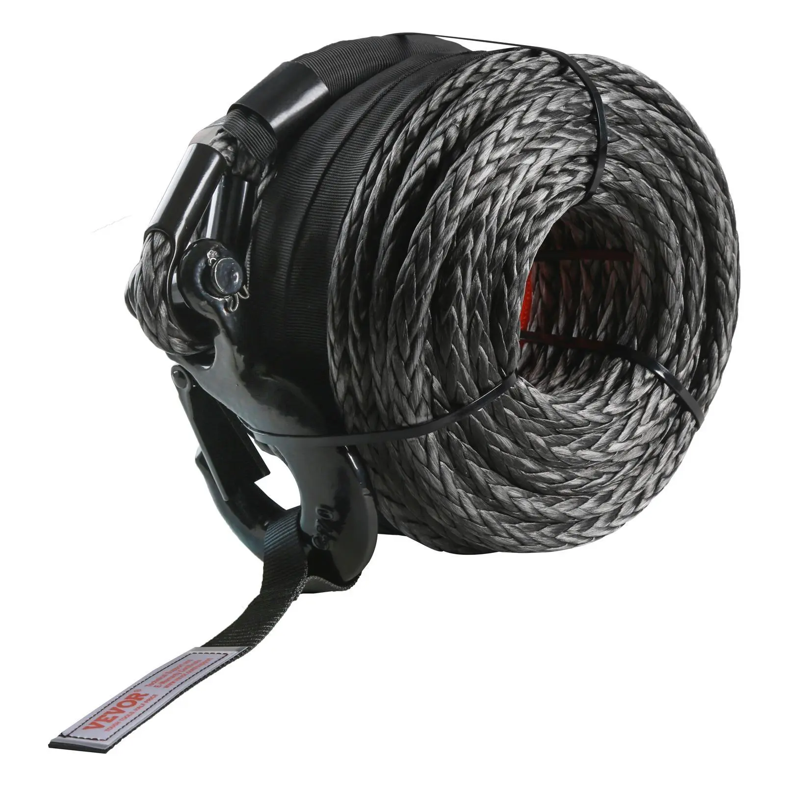 【Summerfinds】VEVOR Synthetic Winch Rope, 3/8 Inch x 85 Feet 26,500 lbs Synthetic Winch Line Cable Rope with Protective Sleeve + Forged Winch Hook + Pull Strap, Universal Fit for SUV, Large Off-Road Vehicle, Truck