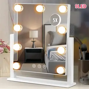 9-light Hollywood lighting makeup mirror, with detachable 5x magnifying glass, with lighting makeup mirror, featuring 3 color lighting modes and 9 dimmable bulbs, intelligent touch control, 360° rotation