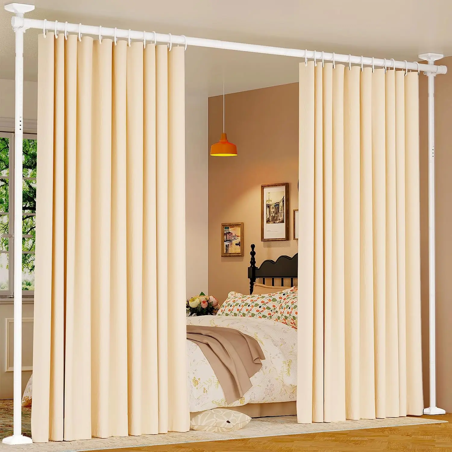 Freestanding Room Partitions - No-Drill Tension Curtain Rods, Adjustable 4-10ft H x 28-70in W Temporary Wall Privacy Divider, Heavy-Duty Instant Room Split for Home/Bathroom