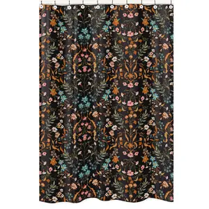 Sweet Jojo Designs Boho Bohemian Farmhouse Black Orange Wildflower Garden Floral Bath Shower Curtain Decorative Bathroom Fabric Botanical Flower Vintage Print Indie Rustic Modern Cottagecore 72x72