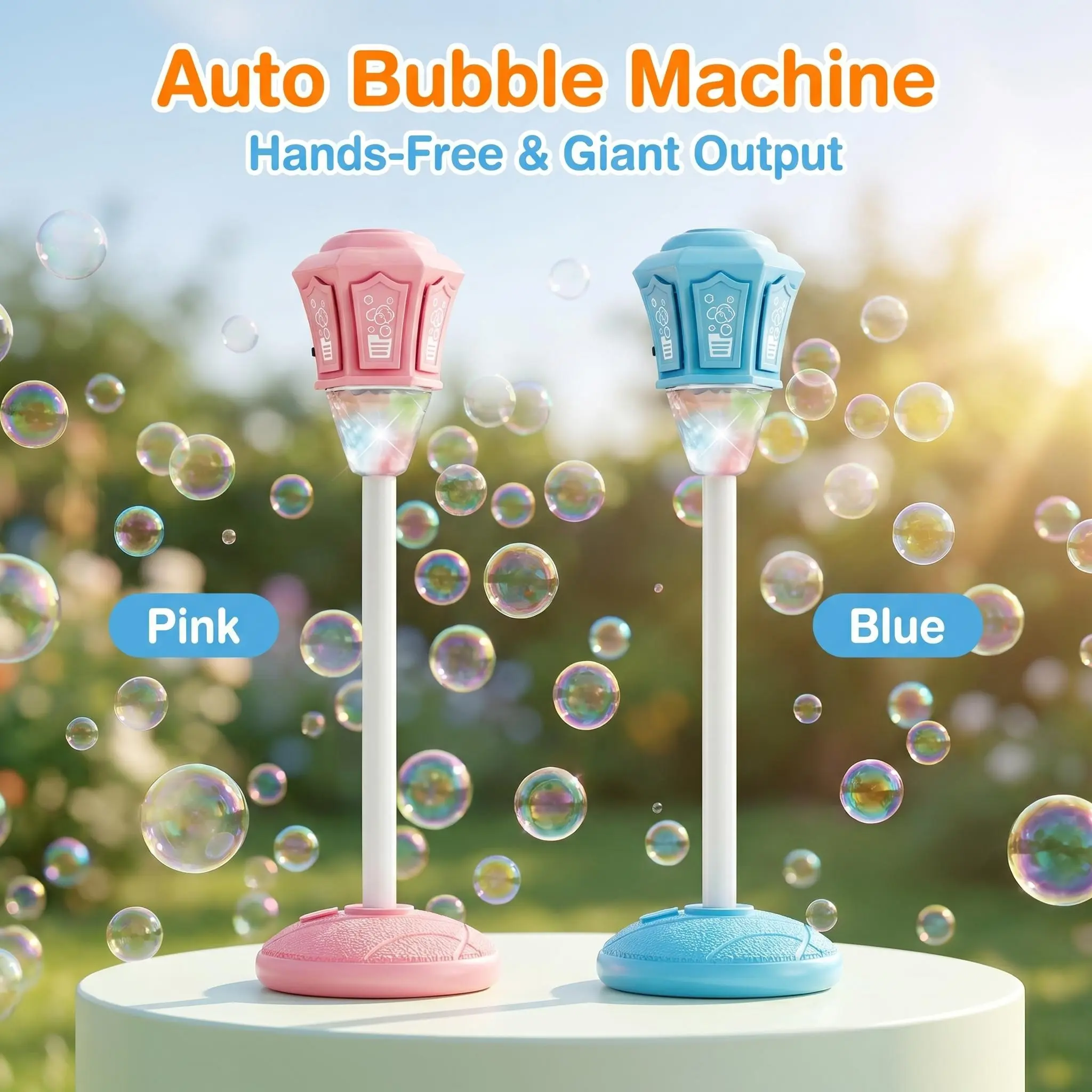 Rechargeable Standing Automatic Bubble Machine - Big Bubble Output, Street Lamp Design for Kids Party, Camping, Standing Bubble Machine