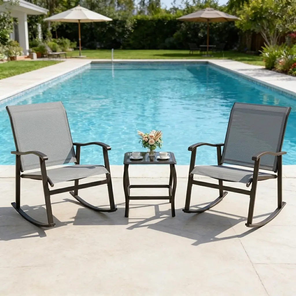 Walsunny 3 Pieces Big Bistro Rocking Chair Set, Outdoor Patio Furniture set with 2 Rocking Chairs and 1 Coffee Table for Balcony, Pool, Camp, Lawn, Deep Blue