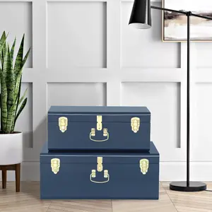 Navy Blue Metal Storage Trunk Set of 2 Lockable for College Dorm Kids Keepsake Toys End of Bed Footlocker Designed Tin Box