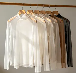Women's Sheer High-Neck Stretch Top - Slim-Fit H-Line Blouse Base Layer, Lace Trim Semi-Sheer Shirt for Layering, Machine Washable Fall/Winter Casual & Dressy Outfits, Pure-Tone Basic (No Padding)