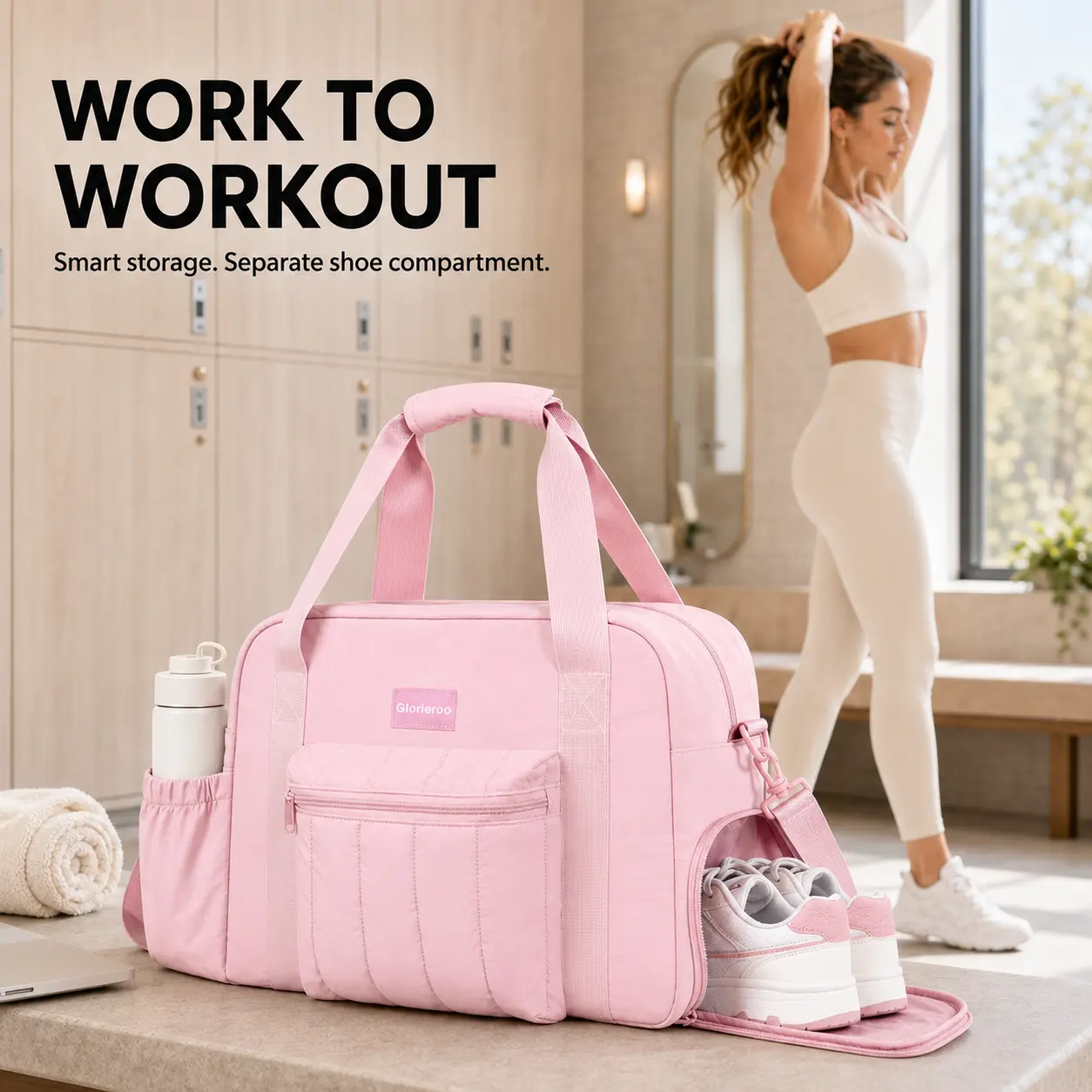 Women’s Quilted Puffer Nylon Sports Bag - Fitness & Travel Gym Bag with 16” Laptop Sleeve, Ventilated Shoe Compartment, Wet Pocket, Luggage Sleeve, Weekender Carry-On