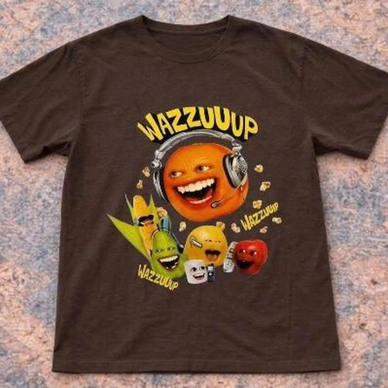 Annoying Orange Wazzup Gamer Headset Graphic T shirt and Baby Tee | Vintage 2010s Aesthetic Internet Meme YouTube Gaming Streetwear | Funny Gorpcore Tee