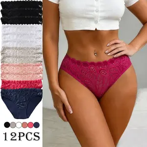 12pcs Sexy Cutout Lace Ruffle Trim Women’s Panties, Skin-Friendly, Butt-Lifting, Breathable Triangle Style