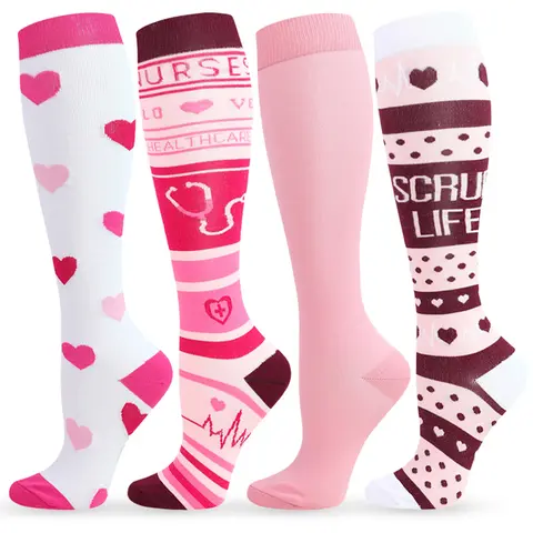 Isunie 4 Pairs Heartbeat Print Compression socks for Women & Men, Knee-High, Graduated Compression, Leg Support, All-Day Comfort, Nursing, Standing, Work, Walking, Daily Wear