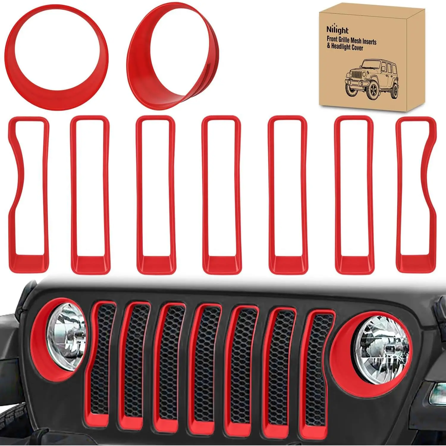 Nilight Grill Inserts fit for Jeep Wrangler Front Grille Inserts Headlight Cover Set for JL JLU Unlimited Sport SportS 2018 2019 2020 2021 2022 2023 Grille Bezels Trim Exterior Accessories Red 9 Pcs