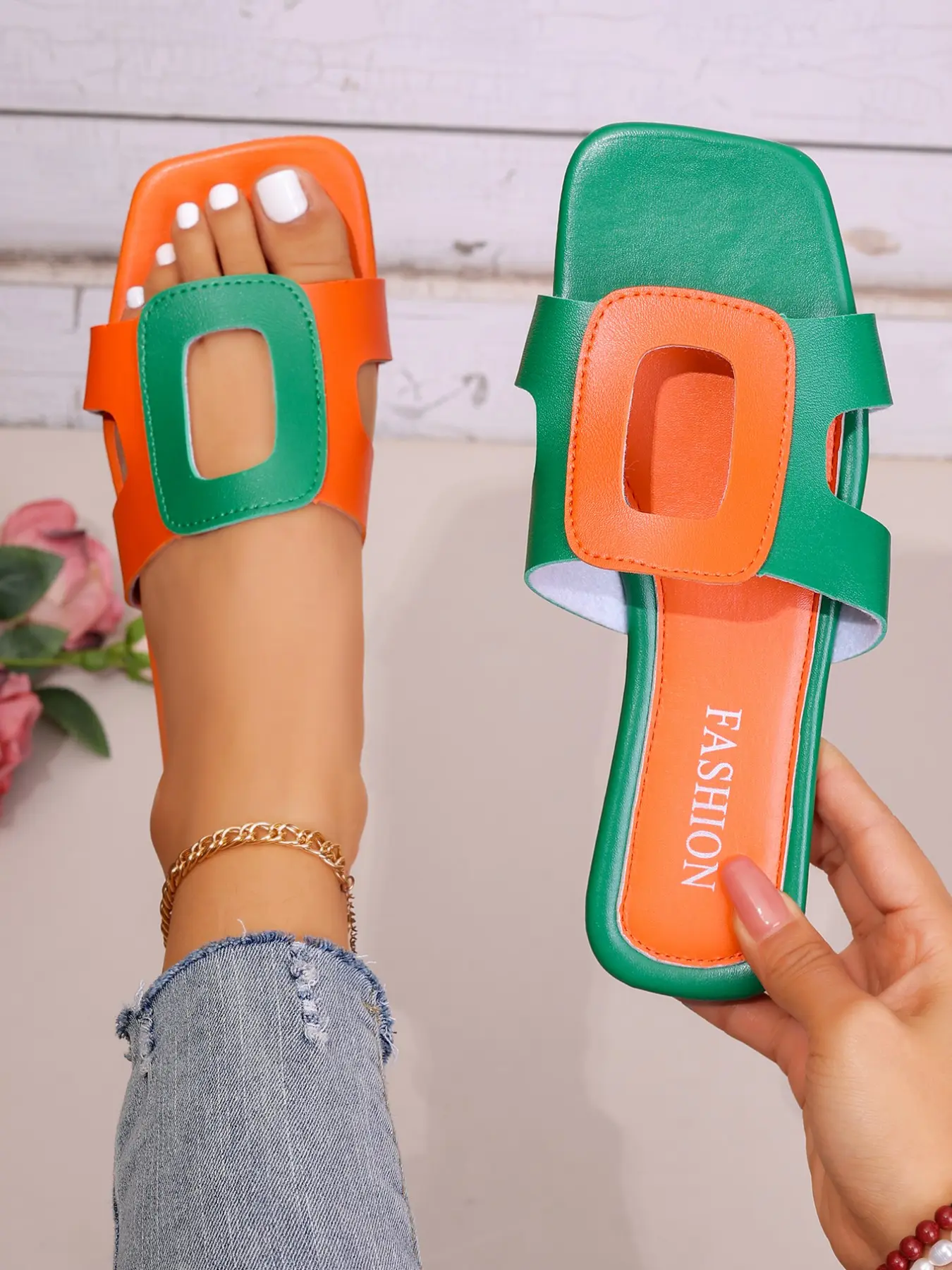 Summer, Orange-green contrast square head flat bottom dopamine French fashion wind hollow square buckle design ladies casual trendy sandals suitable for holiday dating street shooting Women