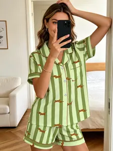 Vintage Fresh Aesthetic Cute Dachshund Women's Pajamas Set Green Vertical Stripe Print Summer Short Sleeve Button Down Soft Cozy Dog Lover Loungewear Sleepwear
