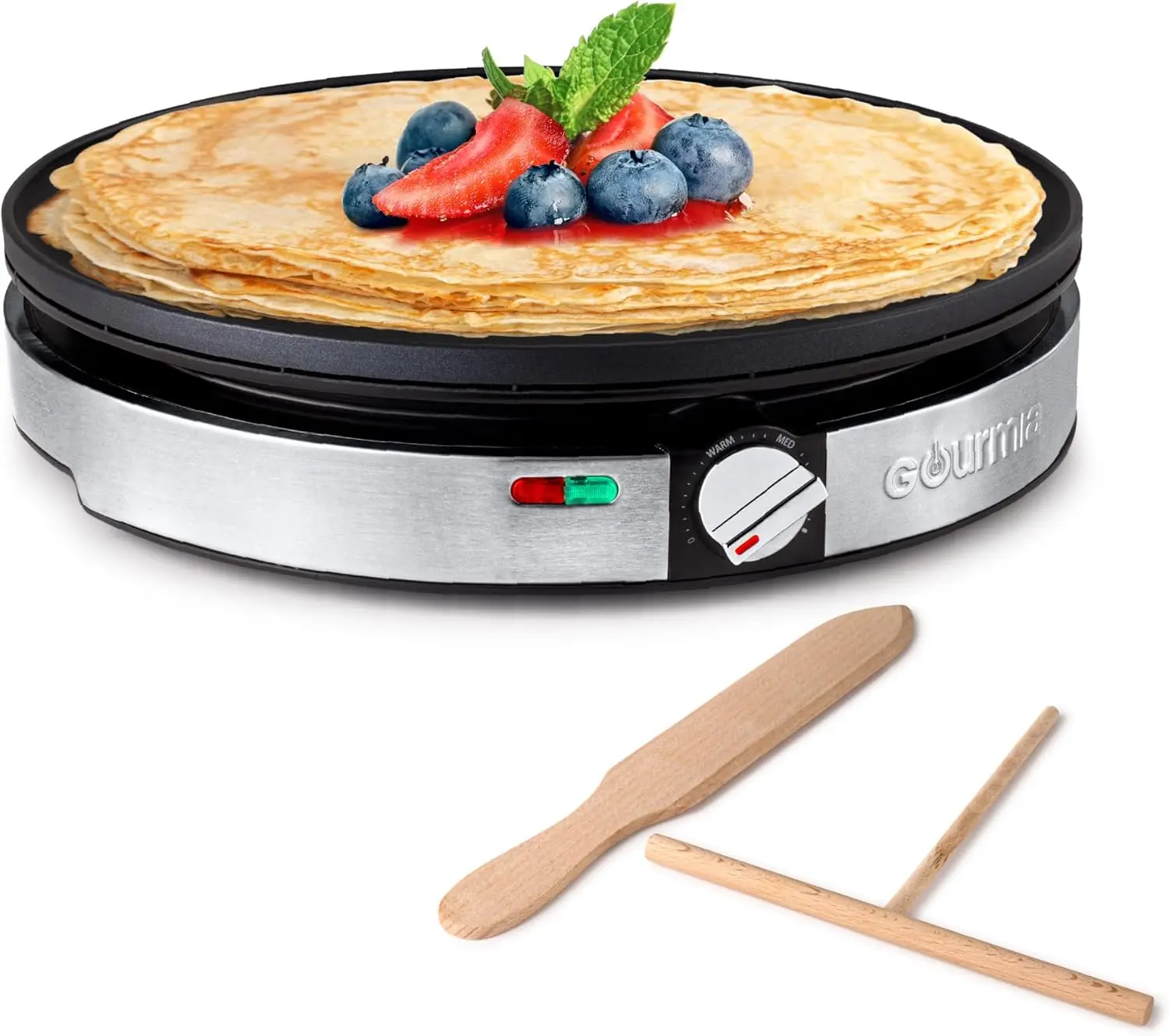 Gourmia 12 Inch Non-Stick Countertop Crepe Maker, 1000W, Precision Temperature Dial, Cool-Touch Base, Includes Batter Spreader & Spatula, Ideal for Large Pancakes or Wraps, Anti-Adhesive Non-Stick Crepe Makers