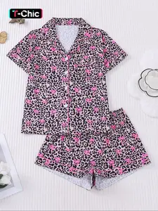 【Valentine's Day】Women's Sleepwear Loungewear Set, Cartoon Pattern Fitted Design, Comfortable Short Sleeve Top & Elastic Shorts, Ideal for Valentine's Gift