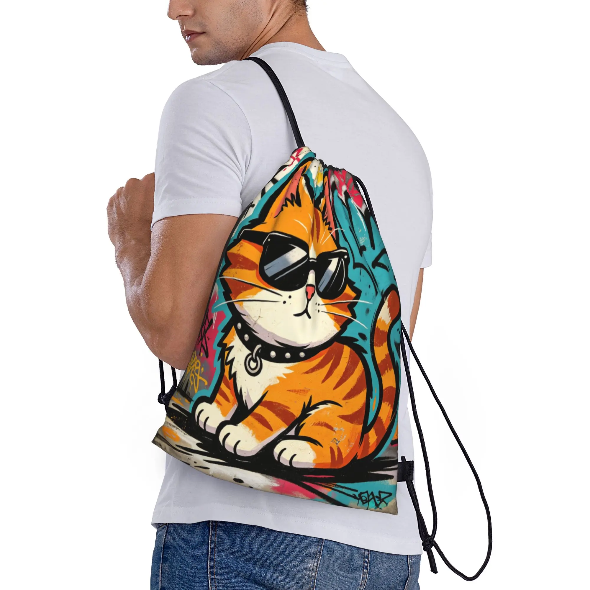 Stylish Graffiti Cat Drawstring Backpack - Unisex Water Resistant 210D Polyester Cinch Bag, Fashionable Lightweight Gym & Travel Sack for Men & Women