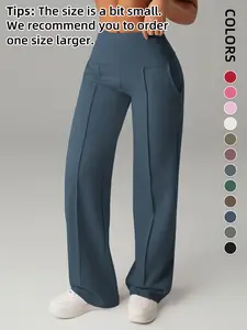 Women's Plain Loose Straight Leg Pants, Wide Leg High Waist Sporty Casual Sweatpants with Pockets, Comfortable Daily Wear Casual Comfy Sporty, Fitness Sports Pants [Fits Small - Size Up Recommended]