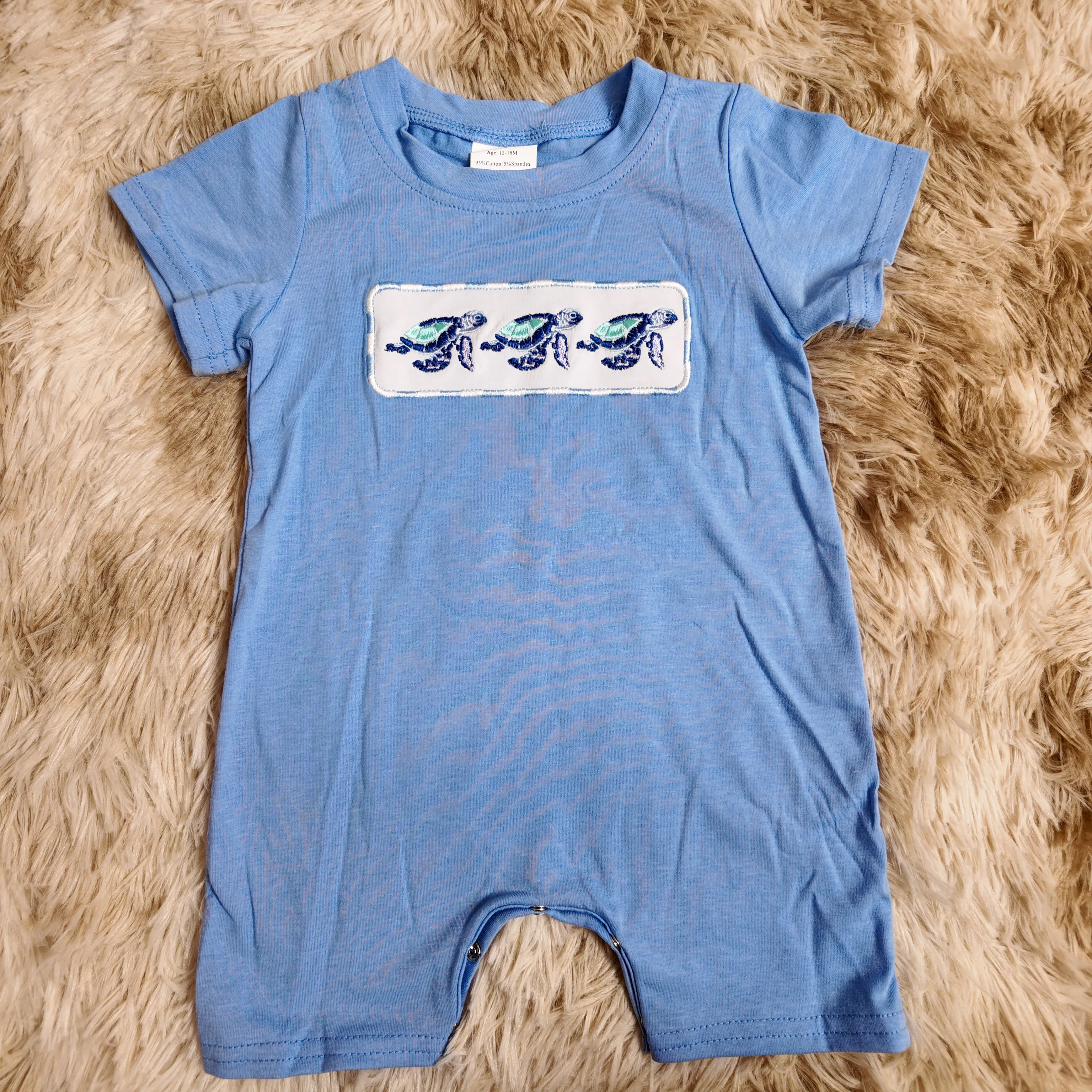 Baby Boy Cotton Crew Neck Short-Sleeve Turtle Embroidery Romper - 2T Onesie Bodysuit, Summer Outfits, Infant Toddler Clothes, Round Neck Bodysuit, Rompers, 0 - 2 Years