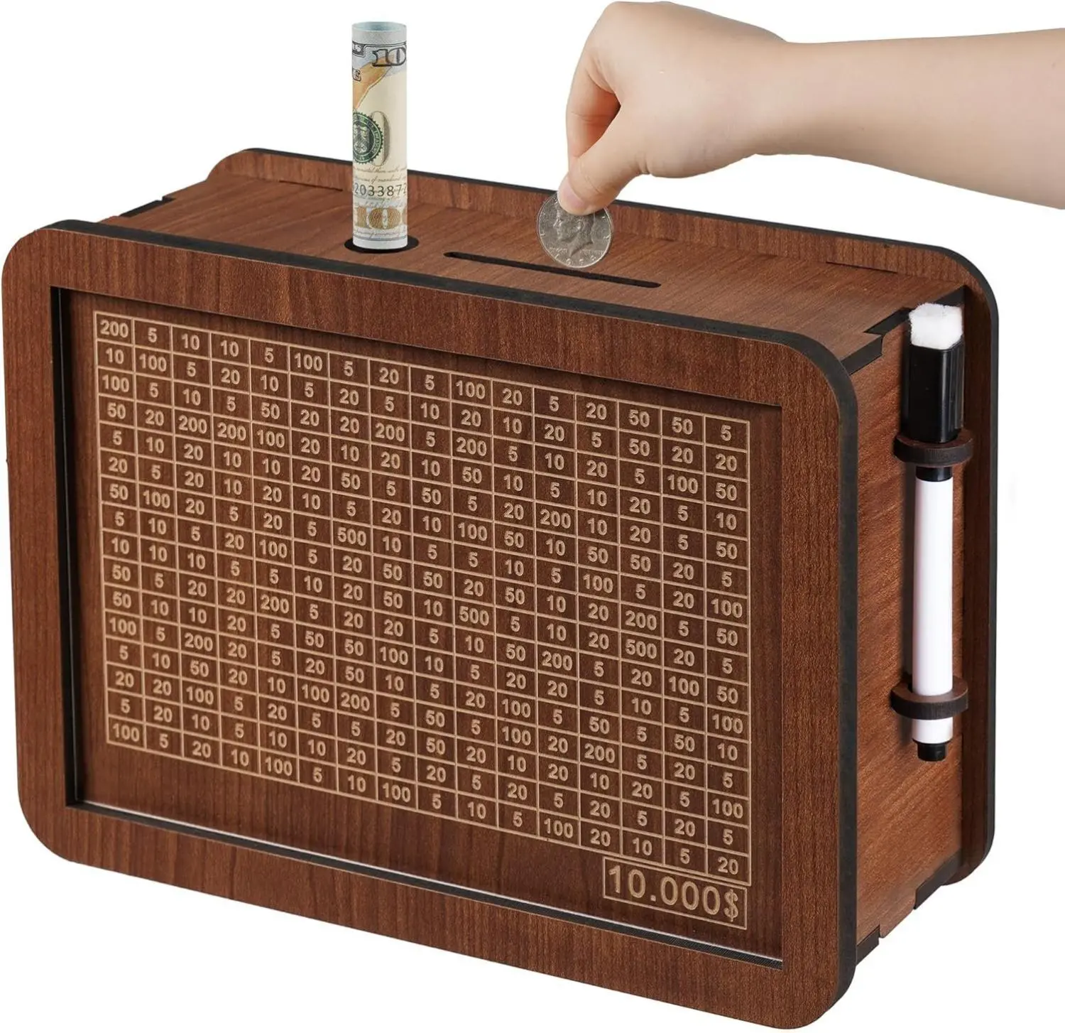 Wooden Cash Money Saving Box,Piggy Bank for Kids & Adults,10000 Savings Challenge Box,Coin Bank Toys Gift for 3-12 Year Old Boys & Girls (10000 Dollar)