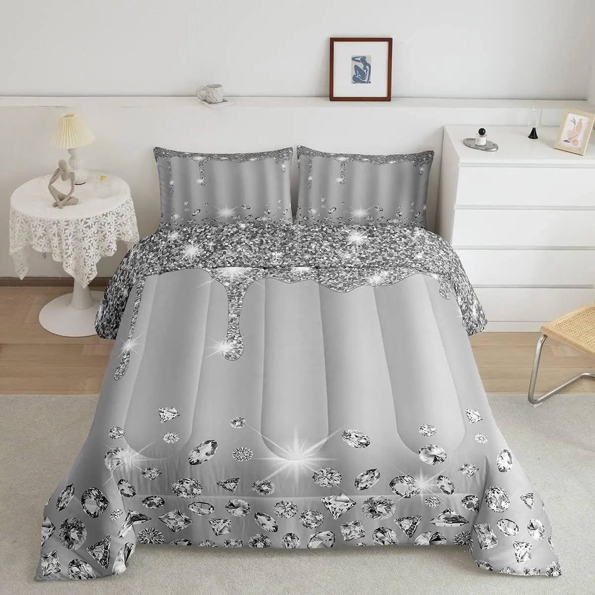 Feelyou Silver Luxury Duvet Set - Soft Microfiber Comfy Bed Sets with Decorative Cover, Geometric Grey Digital Print Diamond Motifs, Jewelry Accents, Abstract Art All Seasons Bedding for Bling Party Decor