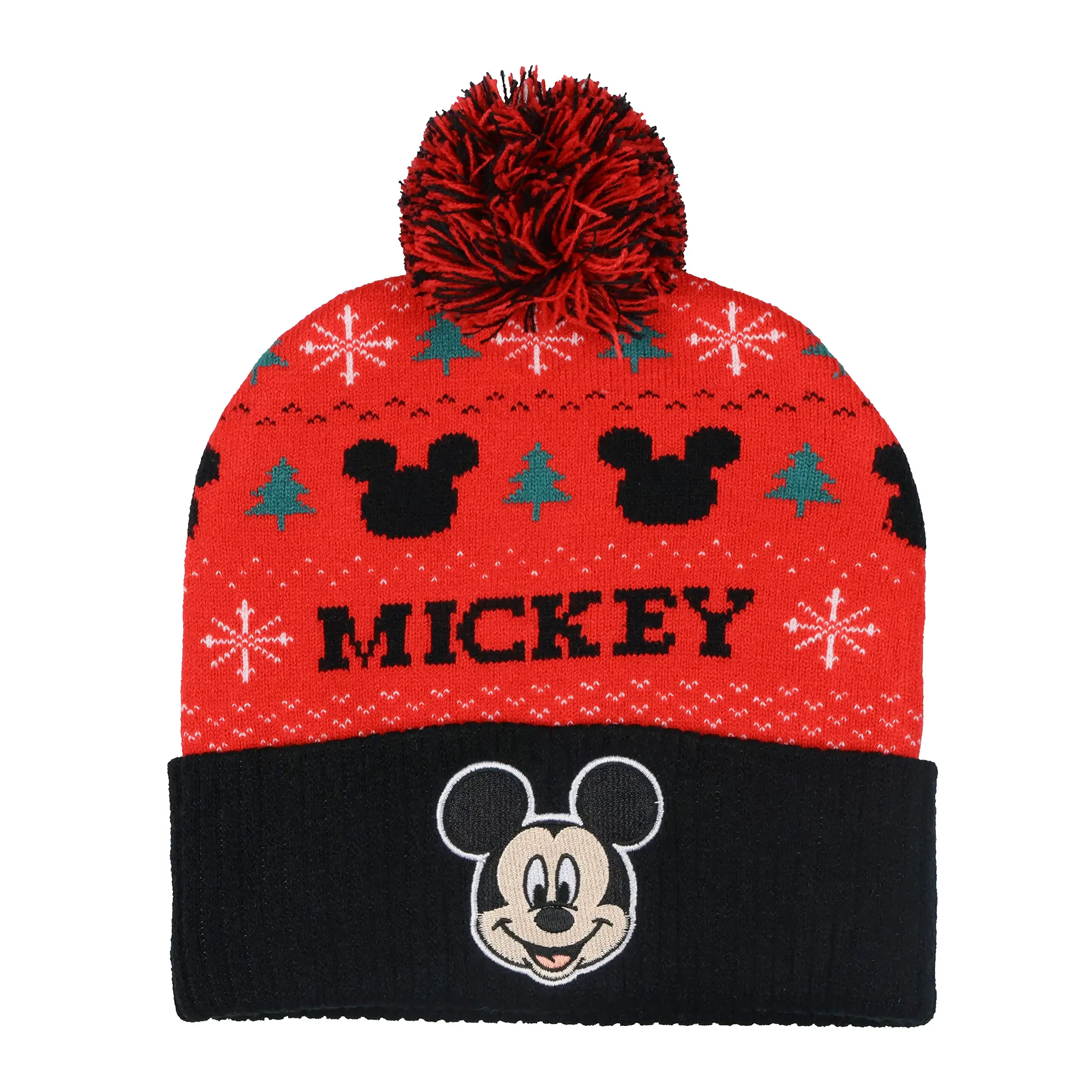 Mickey Mouse Fair Isle Cuffed Beanie, Unisex Everyday Knit Hat in Soft Acrylic with 2-Tone Pom, for Winter & Chilly Weather, Knitted, Handwash, Acrylic Knit