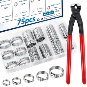 75 count 8-Sizes 304 Stainless Steel Single Ear Hose Clamps with Ear clamp plier 6-23.6mm Crimp Hose Clamps Assortment Kit for Auto/ Appliance/Pipe/ Line Stepless Hose clamp with pincer