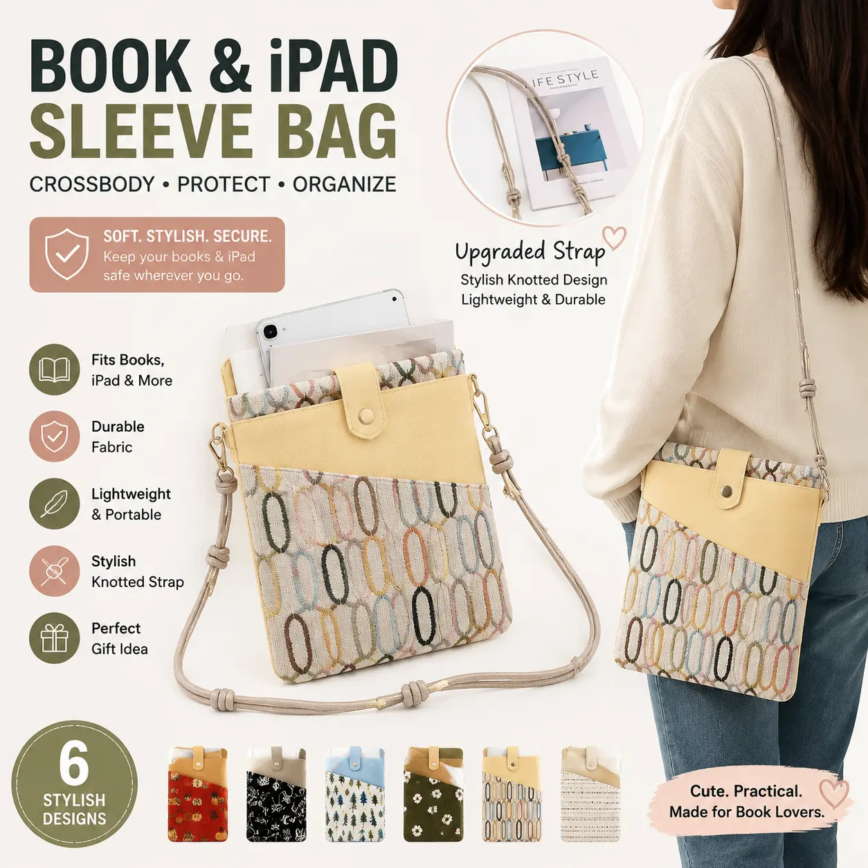 Crossbody Book & iPad Sleeve Bag, Soft Durable Fabric, Lightweight Portable Design, Secure Organizer with Knotted Strap, Fits Books & iPads, Perfect Gift Idea for Tablet & Computer Accessory Needs