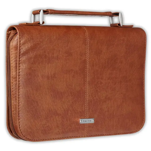 Large-Size Italian Luxleather Bible Cover, Brown Classic "Faith" Design - Christian Art Gift with Mesh Pocket, Back Slip Pocket, Cross-Engraved Zipper Pull, Handle, Enhanced Functionality for Bible Study