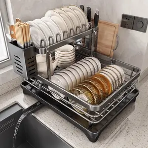Foldable Over Sink Dish Drying Rack｜Pull-Out 2-Tier Dish Drainer with Utensil Holder｜Space Saving Kitchen Organizer for Small Kitchens