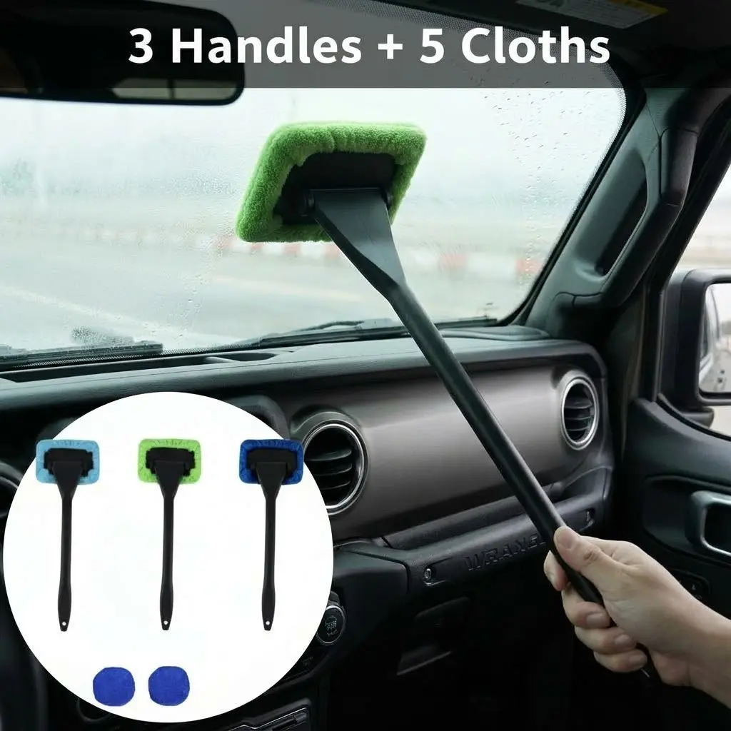 5 Washable Microfiber Pads  3 Handles – Car Windshield and Interior Glass Cleaning Kit