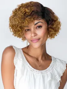 Full Machine Made Human Hair Wig 6 Inch Bob T1B/30 & 1B Human Hair Short Curly Cut Wig No Lace Wig for Women Easy to Wear Curly Bob Wigs