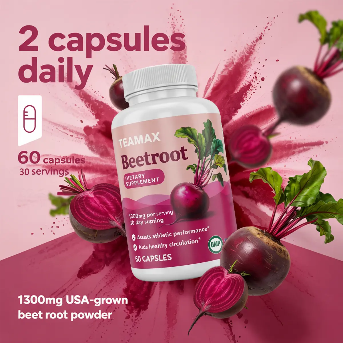 Organic Beetroot Powder Capsules Supplement - 1300mg, 60-Count Athletic Beet Vitamins, 30-Day Supply Plant-Based Natural Oral Dietary Option, Non-GMO, Lab-Tested for Fitness Energy & Endurance