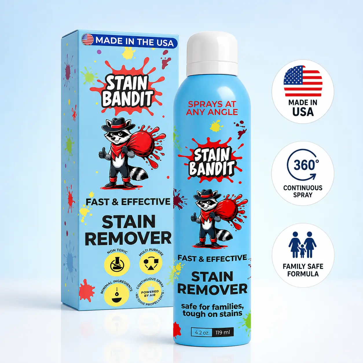 Stain Bandit Non-Toxic Stain Remover Spray | Baby Safe Fabric Stain Remover for Clothes, Carpet & Upholstery | Removes Coffee, Wine, Grease & Pet Stains | Fragrance-Free | Made in USA