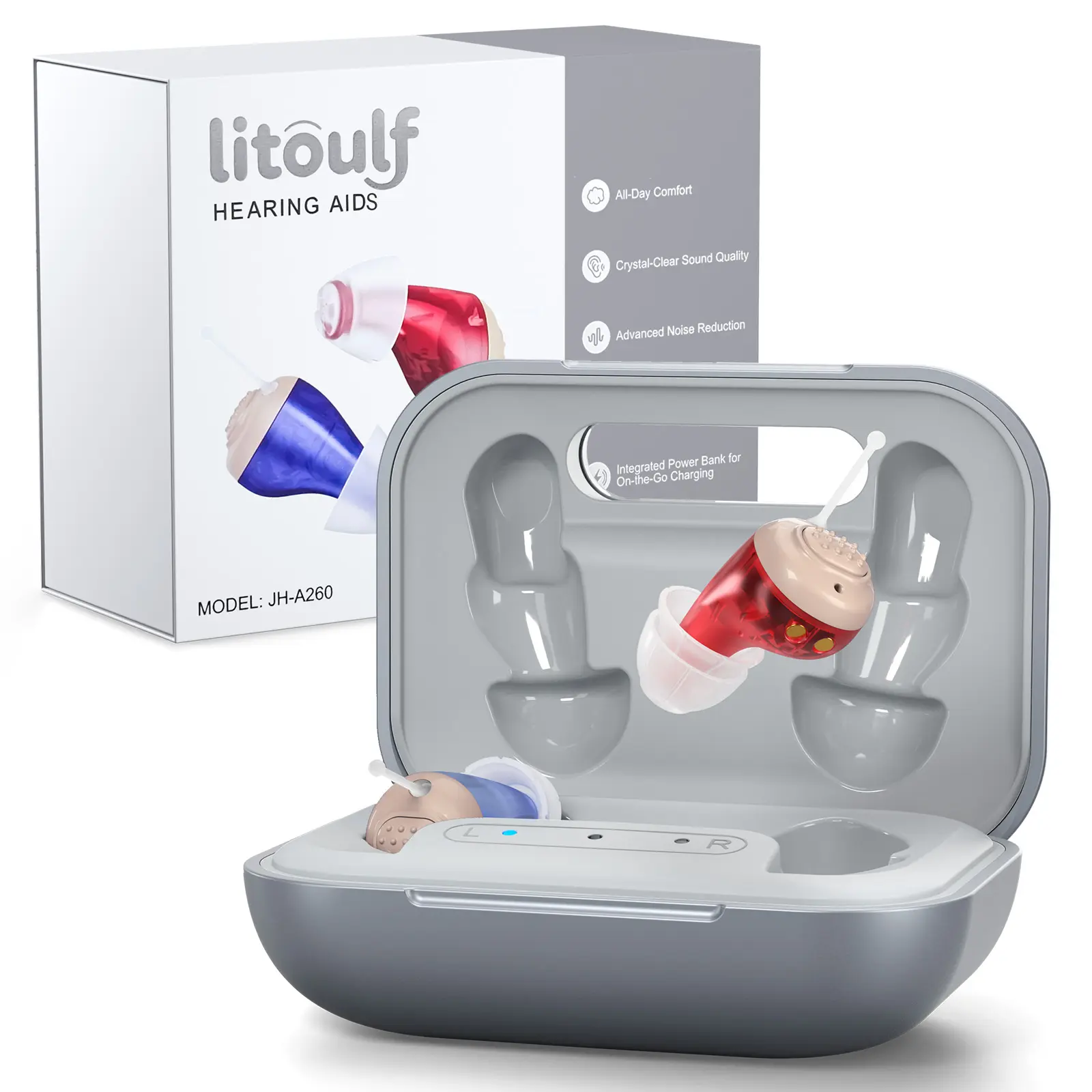 Litoulf OTC Hearing Aids Rechargeable (Including Charging Case), Comfortable In-Ear Hearing Aids for Seniors and Adults, 24-Channel Digital Noise Reduction, Clear Sound, Invisible Design, 80+ Hrs Battery Life