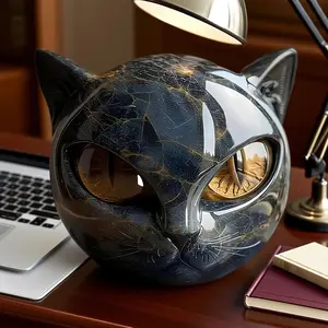 Luxury Cat Stone Resin Sculpture, Elegant Volcanic Rock Effect Statue, Detailed Marble Eyes, Durable Home Office Decor, Collectible Figurines, Perfect Gift