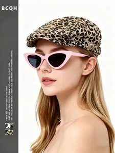 Women's Leopard Print Forward Hat + Fashion Glasses Set, Spring Summer Thin Design, Unique Style Beret Cap for Women