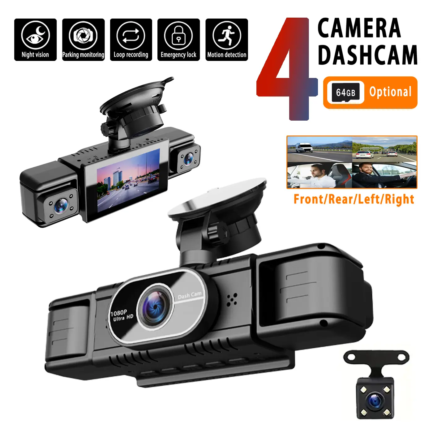 BCUOZ 360 View 4 Channel Dash Cam Front and Rear Left Right Inside Camera for Cars, Night Vision, 170 Wide Angle, Included 64GB Card wide angle car Automotive Dashcam Hd Car Dvr