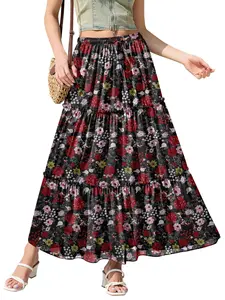 CYiNu Women's High Waisted Floral Tiered Chiffon Maxi Skirt Boho Flowy A Line Long Skirt for Summer Classic skirt style plus size flowy long skirts floral maxi skirt elegant lightweight lace trim petticoats design casual daily wear for beach vacation