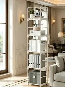 5-Tier Slim White Open Bookshelf, narrow compact design perfect for small spaces to save room, lightweight practical thin storage book rack, simple structure for quick and easy assembly