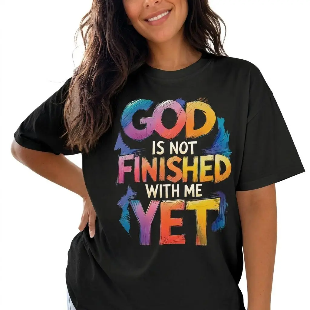 Women's Plus-Size Christian Graphic T-Shirt, Short-Sleeve Soft Fabric Top with "God Is Not Finished With Me Yet" Faith Design, Shortsleeve, Tshirt