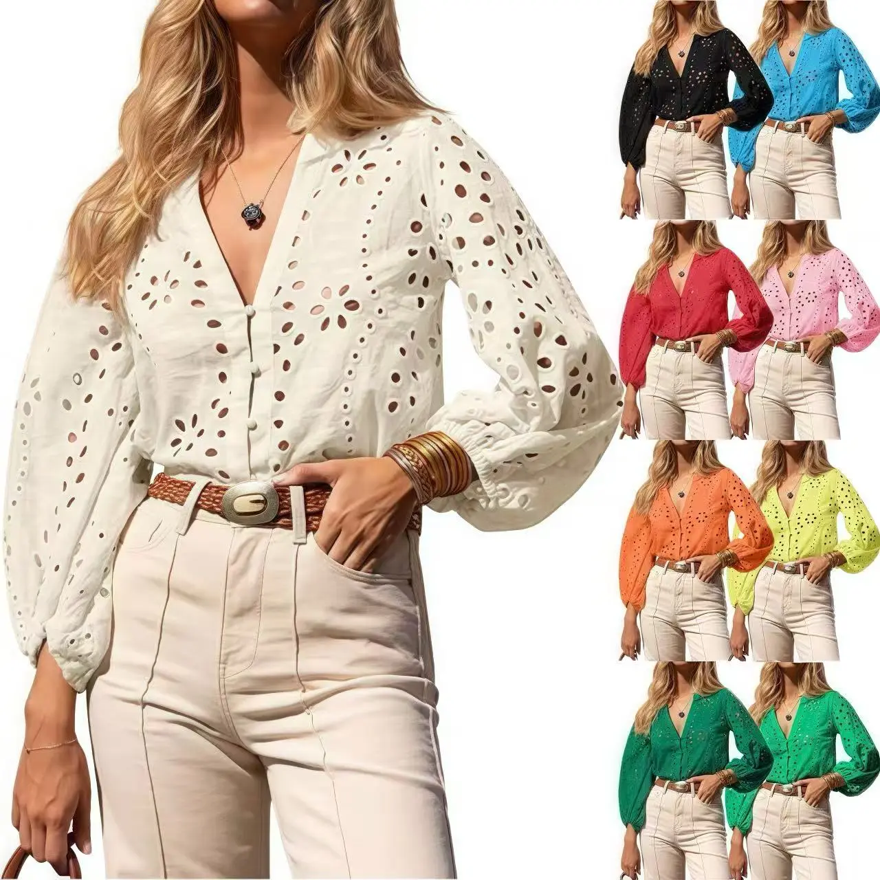 【Eyelet】ARTFREE Womens Deep V Neck Eyelet Blouses Tops Dressy Casual 3/4 Balloon Sleeve Cotton Button Down Shirts Summer outfits