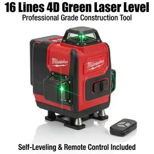 Milwaukee M18 Cross Line Laser Level 16 Lines 4D Green 360° Horizontal & Vertical for Tiling Framing Self Leveling Remote Control Included professional grade 16-line