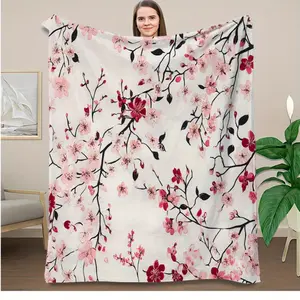 1pc Vintage Cherry Blossom Floral Print Soft Cozy Blanket - Pink & White Polyester Knit Fabric, Lightweight, Perfect for Sofa, Bed, Office, Car, Camping & Home Decor, Ideal Four Seasons Gift, Cozy Home Decor |   Cherry Blossom Design |   Knitted Texture