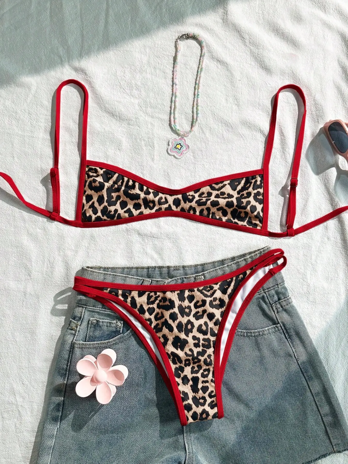 Women's Leopard Print Trim Sexy Bikini Set, Leopard Tie Back Swimwear Set, Paisley Print Swimsuit, Summer Holiday Beachwear for Dates & Music Festivals
