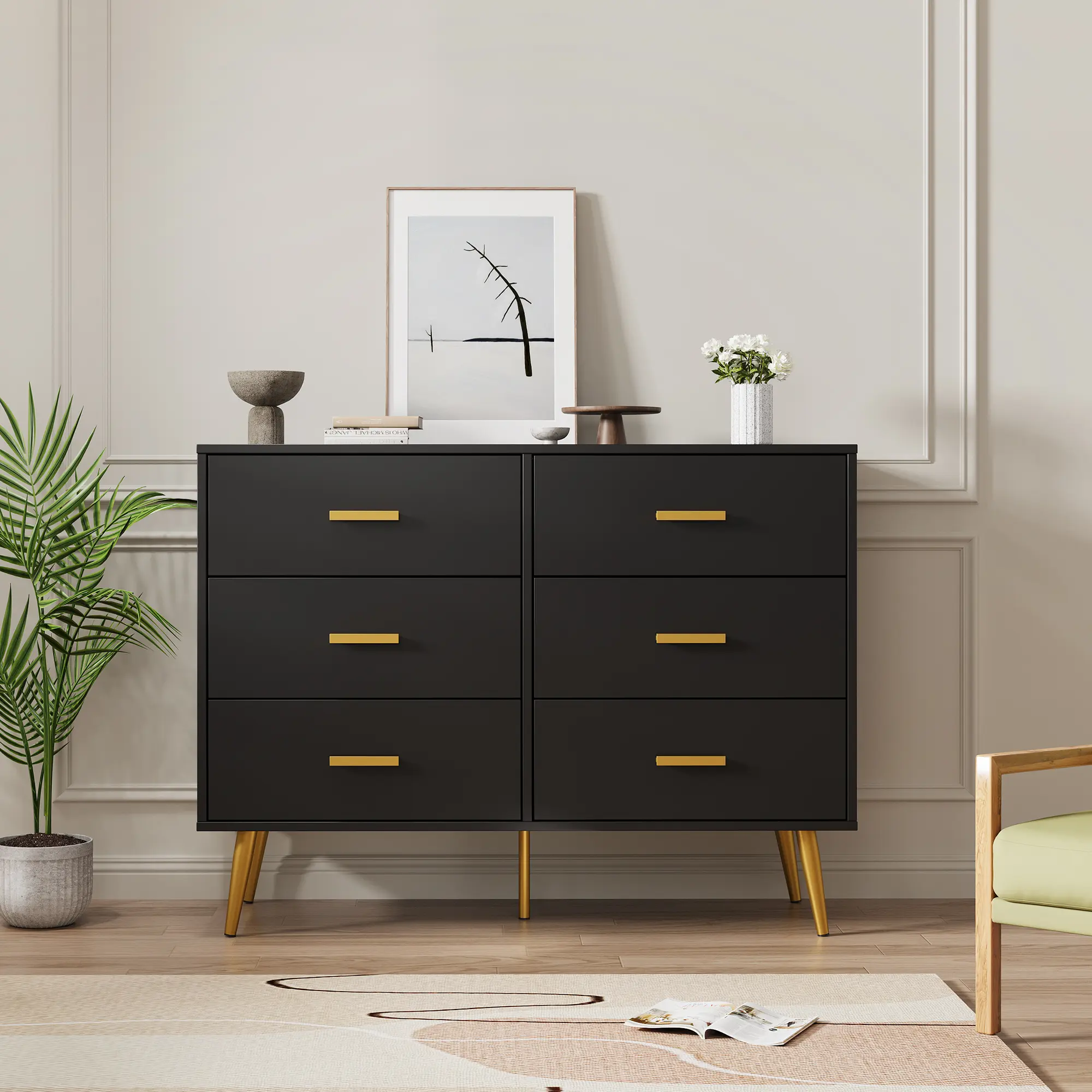 OUTGOODS Spacious Modern 6 Drawer Dresser Cabinet - Sturdy MDF Bedroom Storage Chest with Deep Drawers - Waterproof, Damage-Resistant, Gold Handles - Stylish Furniture for Organized Home, Clothes Storage Cabinet, Drawers Organization