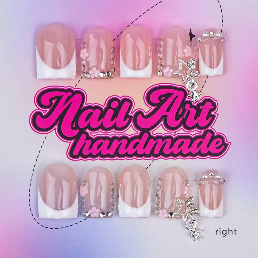 Y2K Style Handmade False Nails, Handmade Press Ons, 4 Sizes XS-S-M-L, Star and French Design, Perfect for Parties, Includes Jelly Glue, Crystal Stick, File