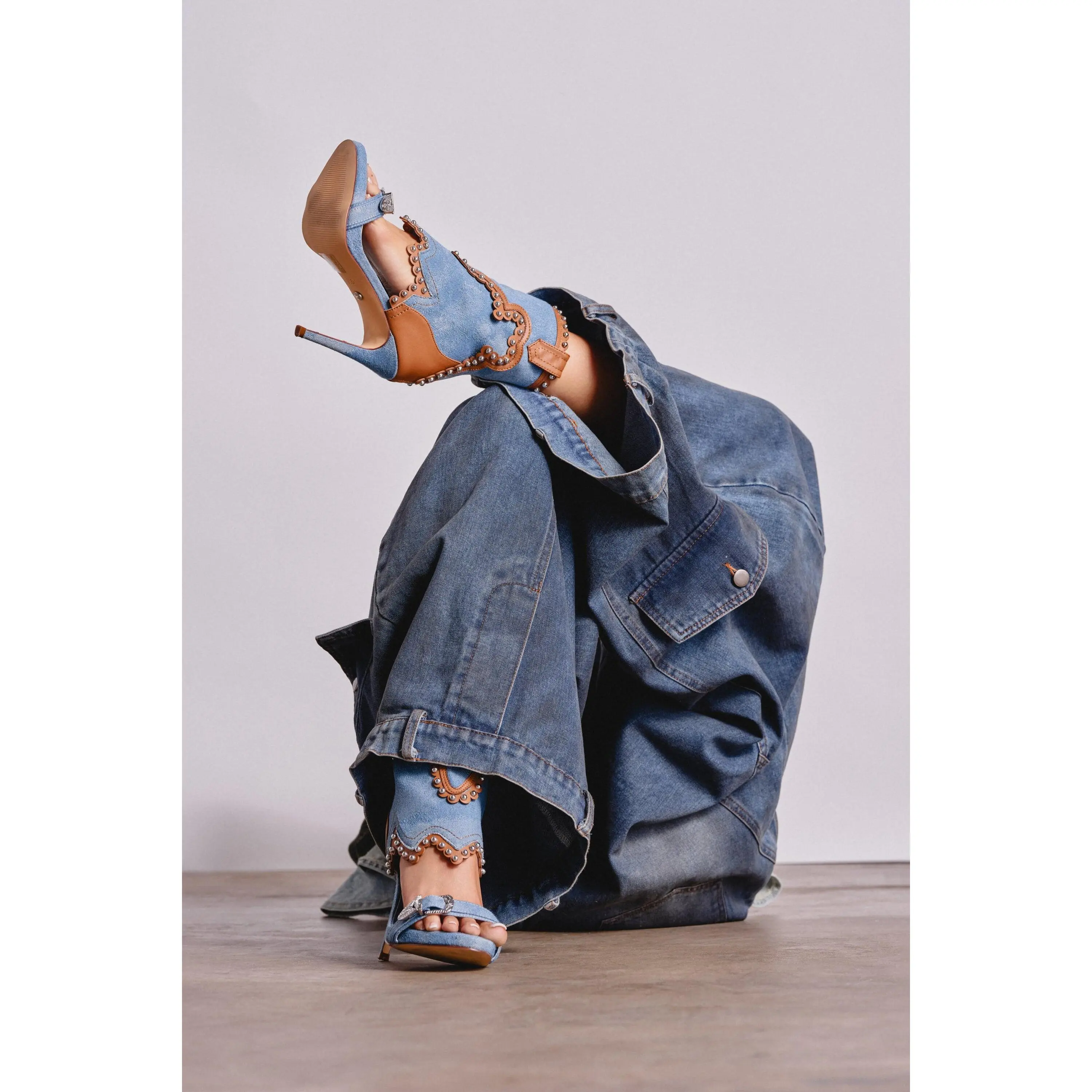 AZALEA WANG CAPRIZIA DENIM WESTERN NOVELTY STUDDED STILETTO SANDAL
