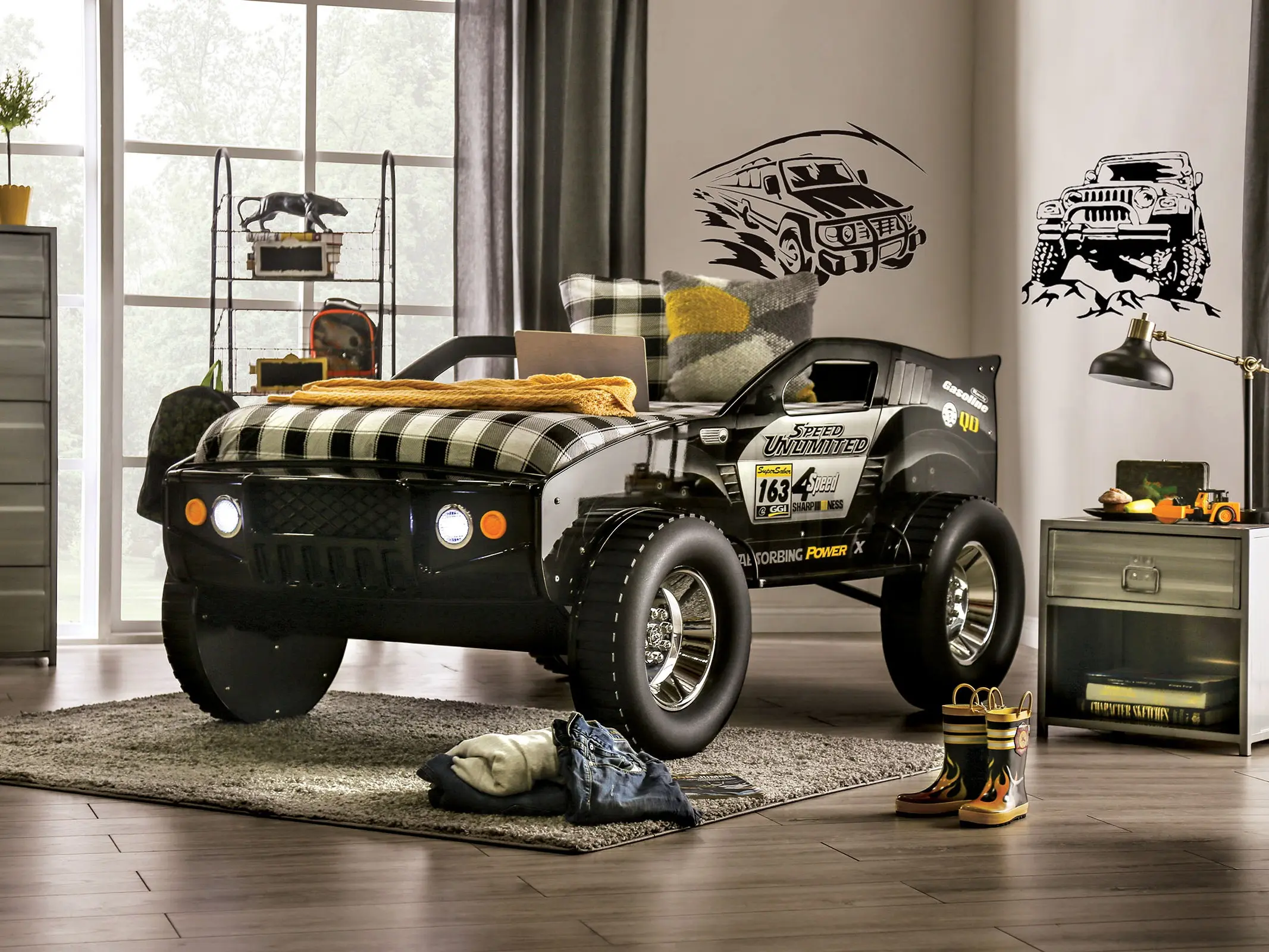 Furniture of America SPEED JUMP Novelty Twin Car Bed - MDF Frame, LED Lights, Off-Road Car Look, Oversized Tire Look, 82"l x 52"w x 36"h, Assembly Required Indoor Bed Frame