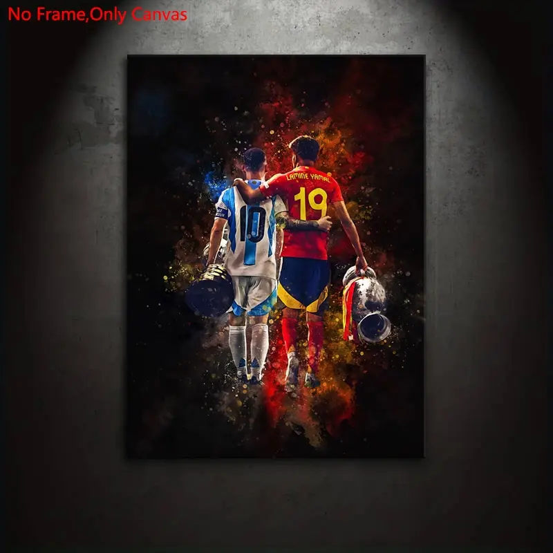 1 piece/set of frameless canvas painting print poster, Decorative, classic realistic art, Ramin Yamal and GOAT, perfect gift for football culture lovers, ideal gift for bedroom, living room, mural, wall decor, room decor, Decoration, Unframed Wall Art