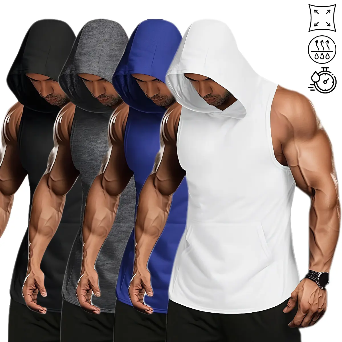 4 Pack Men's Workout Hooded Tank Tops - Muscle Gym Hoodies, Sleeveless Bodybuilding Training Shirts with Kangaroo Pockets, Breathable Quick-Dry Athletic Vest Bundle