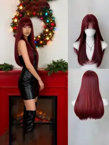 Bosnow Korean Style Wine Long Straight Synthetic Wig, Heat-Resistant Cosplay Hair with Bangs, Blunt Bangs, Suitable for Daily Wear, Anime Conventions, Christmas Costumes