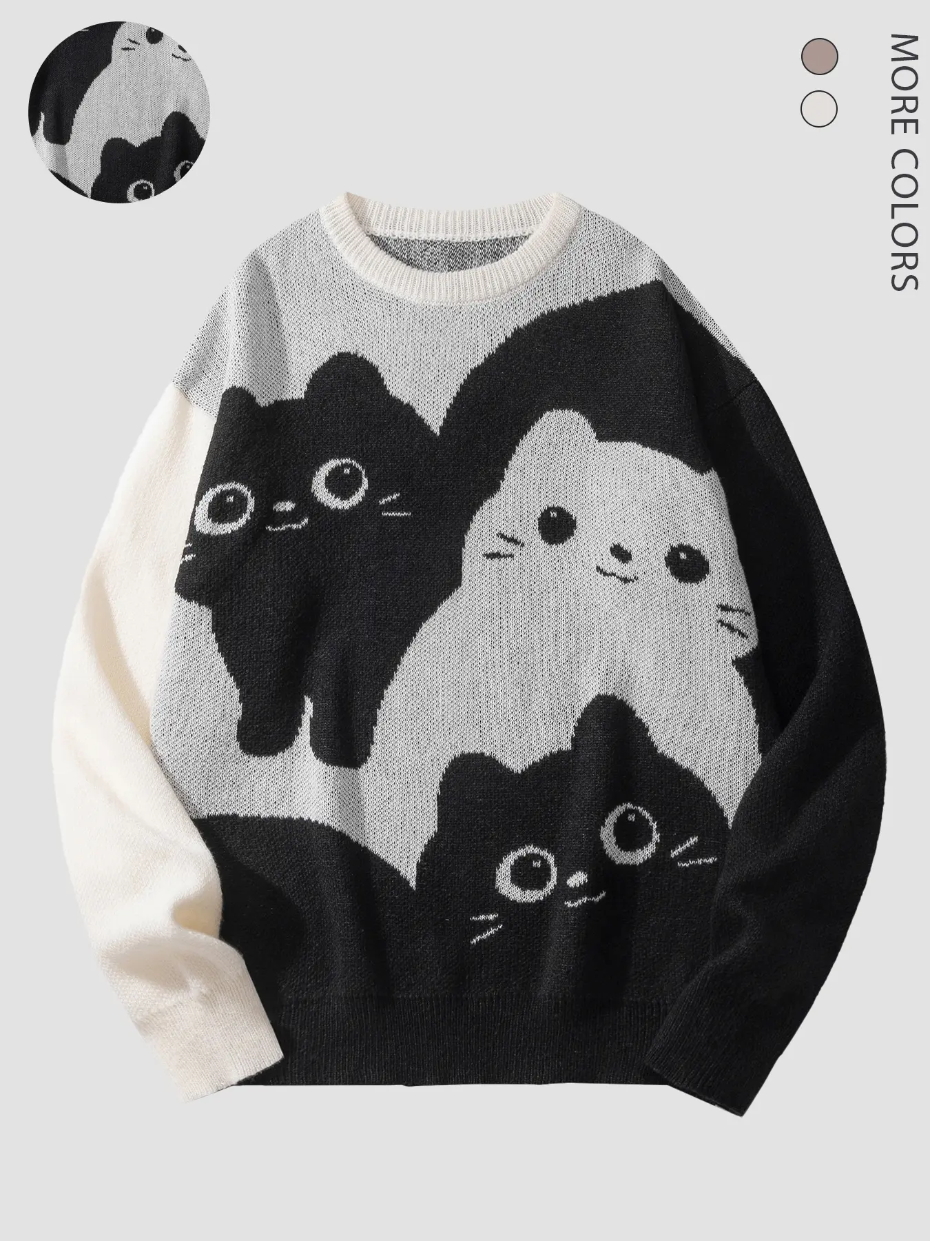 Autumn Winter New Round Neck Long Sleeve Men's Cute Style, Adorable Cat Colorblock High Quality Crewneck Sweater Pullover Tops, Casual Loose Fit, Unisex, Indoor Wear, Sweatshirts, Layer